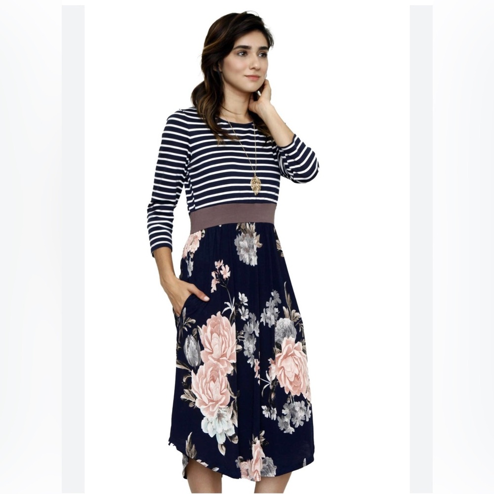 Striped 3/4 Sleeve Floral Curved Hem Midi Dress
